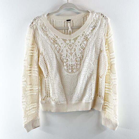 Free People Cotton Crochet Long Sleeve Crewneck Sweater Ivory Large - Picture 4 of 10